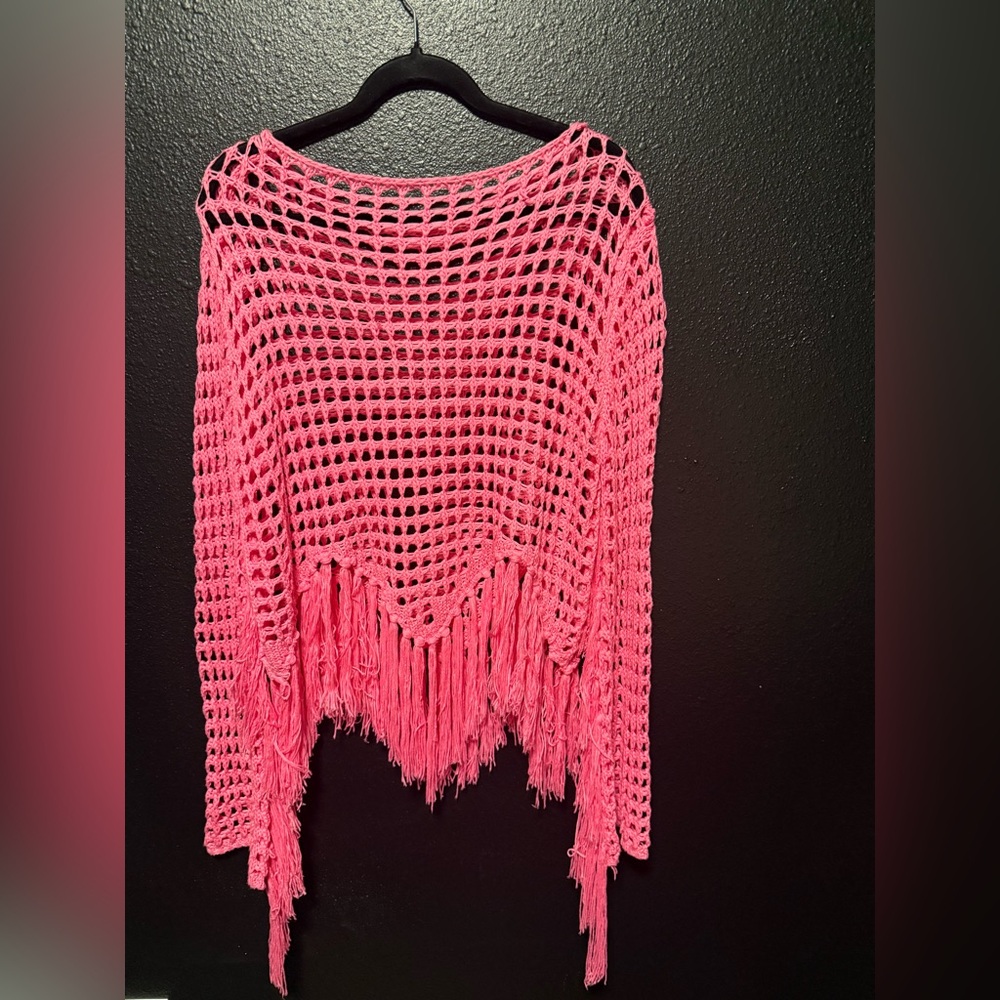 Pink Fringe Knit poncho